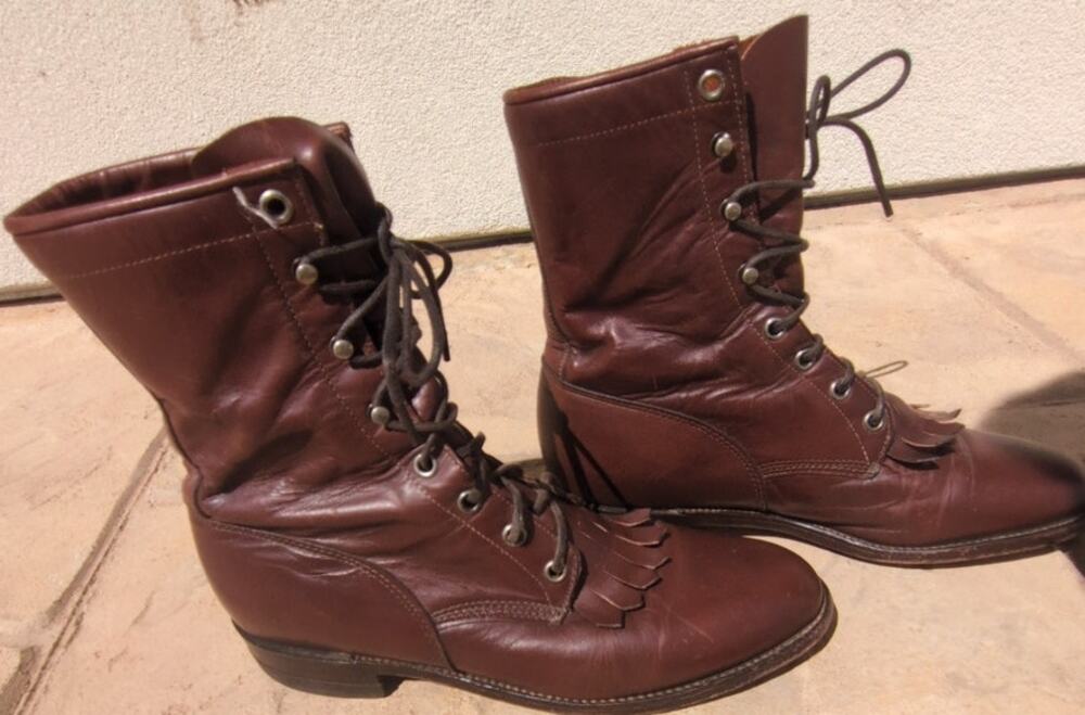Vintage Justin Brown Leather Lace Up Packer Boots Kiltie Western Women's 7.5 B